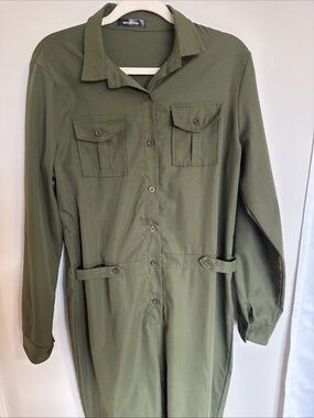 Sexyshine Jumpsuit Women' Long Sleeve Button Front Utility One Piece Green Sz XL